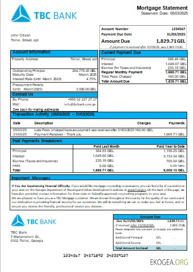 Géorgie TBC Bank relevé hypothécaire scr
